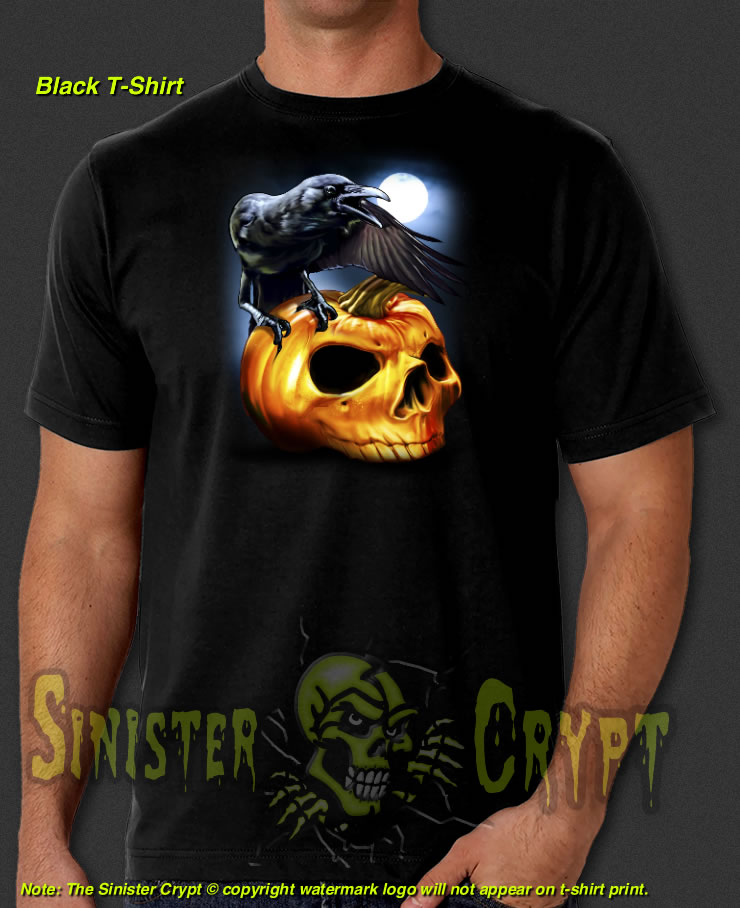 Raven on skull Black t-shirt Halloween Crow Moon S-6XL