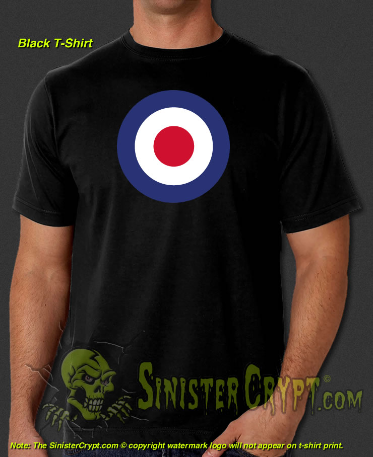 RAF roundel black t-shirt British Royal Air Force, The Who, Vespa scooter, Mod