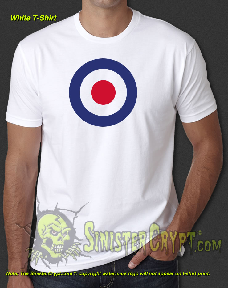 RAF roundel white t-shirt British Royal Air Force, The Who, Vespa scooter, Mod